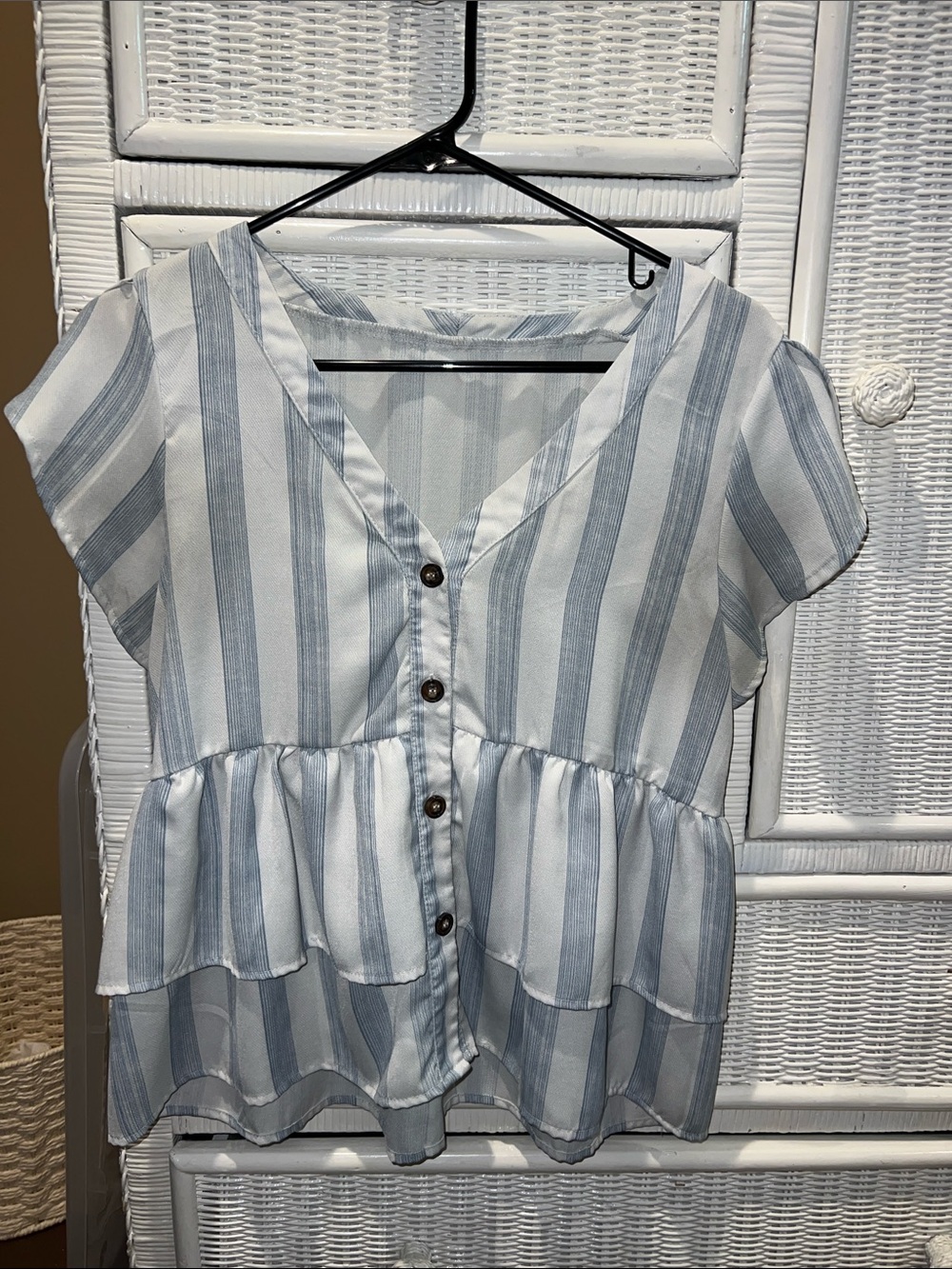 Women's Blue and White Striped Button-Front Peplum Top